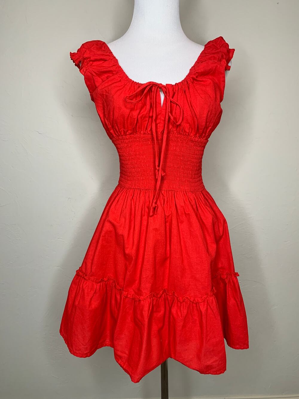 Goodnight Macaroon Red Mini Dress Milkmaid Coquette Sz Small Ruffles